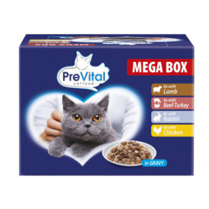 PREVITAL Katzenfutter Megabox mit Lamm, Rind, Kaninchen und Huhn in Soße - Nassfutter für Katzen - 24 x 100g