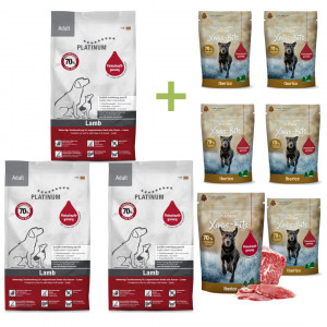 PLATINUM Adult Lamb – halbfeuchtes Hundefutter – 3x5 kg (15 kg) + PLATINUM Xmas-Bits Iberico 6x150 g Leckerli GRATIS