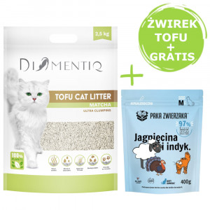 DIAMENTIQ Tofu Matcha Ultra clumping – Katzenstreu 2,5 kg + Paka Zwierzaka Lamm & Pute – Trockenfutter 400 g GRATIS.