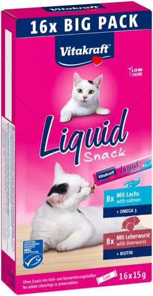 VITAKRAFT Liquid Snack Leber mit Lachs – Leckerbissen für Katzen – 16x15g