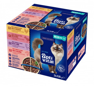 OPTIVITAL Box with chicken, beef, lamb, salmon - nassfutter für Katzen - 24x85g
