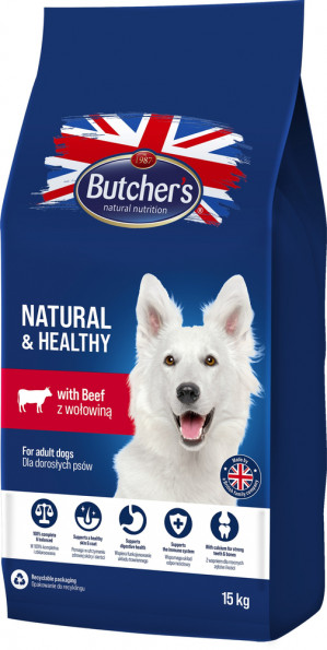 BUTCHER'S Natural&Healthy with beef - Trockenfutter für Hunde - 15 kg