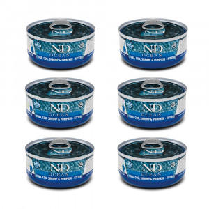 FARMINA N&D Ocean Kitten Thunfisch, Kabeljau, Garnelen & Kürbis – Nassfutter für Kätzchen – 6x70g