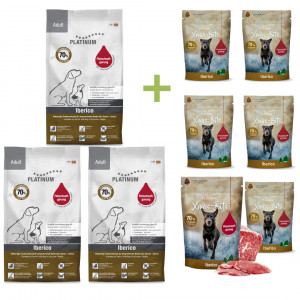 PLATINUM Adult Iberico – halbfeuchtes Hundefutter – 3x5 kg (15 kg) + PLATINUM Xmas-Bits Iberico 6x150 g Leckerli GRATIS