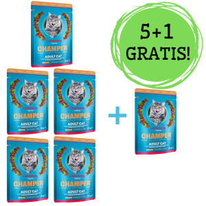 CHAMPER mit Rindfleisch und Basilikum – Nassfutter für Katzen – 5x85g + 1 Beutel GRATIS!
