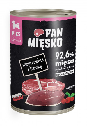 PAN MIĘSKO Schweinefleisch mit Ente Welpen - Nassfutter für Hunde - 400g