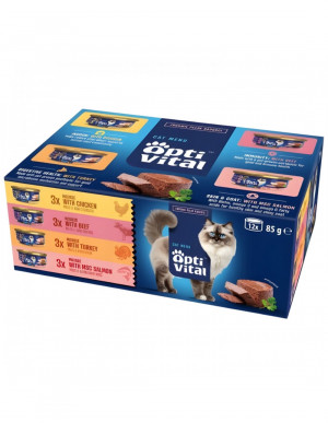 OPTIVITAL Mousse Beef, chicken, turkey, salmon - nassfutter für Katzen - 12x85g