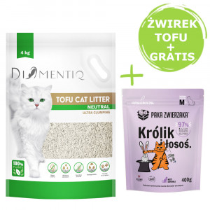 DIAMENTIQ Tofu Neutral Ultra clumping – Katzenstreu 4 kg + Paka Zwierzaka Kaninchen & Lachs – Trockenfutter 400 g GRATIS.