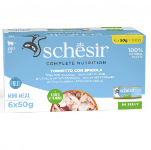 SCHESIR Thunfisch mit Wolfsbarsch in Gelee – Nassfutter für Katzen – 6x50g