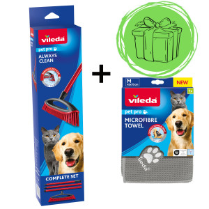 VILEDA Pet Pro Always Clean Gummibesen mit Stiel zur Entfernung von Tierhaaren + GRATIS! Vileda PET PRO Mikrofasertuch M 70x45 cm