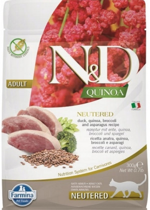FARMINA N&D Quinoa Cat Duck, Broccoli, Asparagus Neutered Adult - Trockenfutter für Katzen - 300 g 