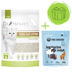 DIAMENTIQ Tofu Matcha Ultra clumping – Katzenstreu 4 kg + Paka Zwierzaka Lamm & Pute – Trockenfutter 400 g GRATIS.