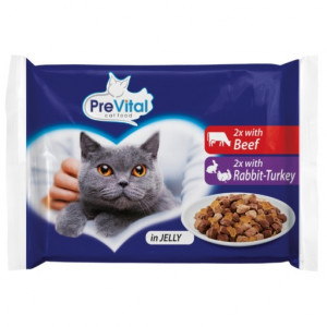 PREVITAL Rind und Kaninchen mit Truthahn in Gelee - Katzennassfutter - 4 x 100g