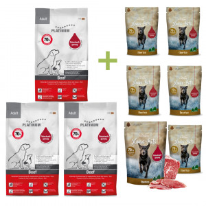 PLATINUM Adult Beef – halbfeuchtes Hundefutter – 3x5 kg (15 kg) + PLATINUM Xmas-Bits Iberico 6x150 g Leckerli GRATIS