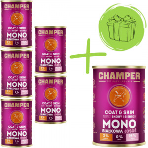 CHAMPER Coat & Skin Monoprotein Lachs - Nassfutter für Hunde - 5x400g + 400g GRATIS