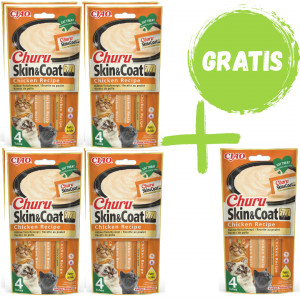INABA Cat Churu Skin&Coat Huhn - Katzenleckerli - 4x(4x14g) + FREE