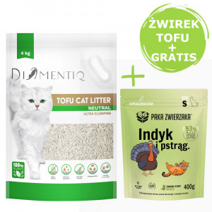 DIAMENTIQ Tofu Neutral Ultra clumping – Katzenstreu 4 kg + Paka Zwierzaka Pute & Forelle – Trockenfutter für Kätzchen 400 g GRATIS.