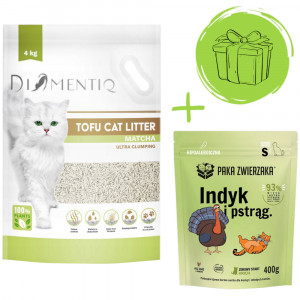DIAMENTIQ Tofu Matcha Ultra clumping – Katzenstreu 4 kg + Paka Zwierzaka Pute & Forelle – Trockenfutter für Kätzchen 400 g GRATIS.