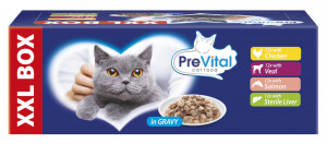 PREVITAL XXL BOX Geschmacks-Mix mit Huhn, Kalb, Lachs und Leber in Soße - Nassfutter für Katzen - 48 x 100g