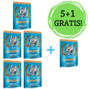 CHAMPER mit Kabeljau und Basilikum – Nassfutter für Katzen – 5x85g + 1 Beutel GRATIS!