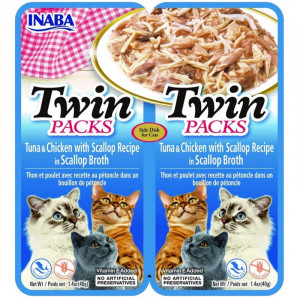 INABA CAT Twin Thunfisch mit Huhn und Jakobsmuscheln in Brühe – Katzensnack – 2x40g