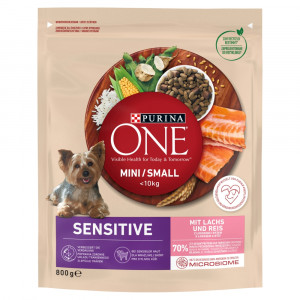 PURINA One Mini/Small Sensitive Lachs, Reis - Trockenfutter für Hunde - 800 g 