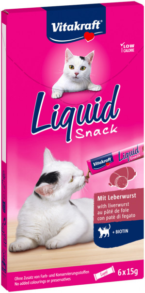 VITAKRAFT Liquid Snack Leber mit Biotin – Leckerbissen für Katzen – 6x15g