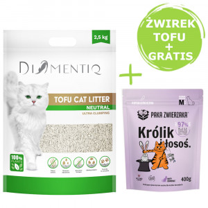 DIAMENTIQ Tofu Neutral Ultra clumping – Katzenstreu 2,5 kg + Paka Zwierzaka Kaninchen & Lachs – Trockenfutter 400 g GRATIS.