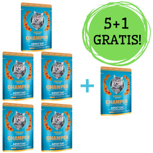 CHAMPER Huhn mit Cranberry – Nassfutter für Katzen – 5x85g + 1 Beutel GRATIS!