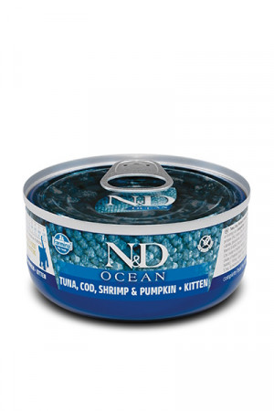 FARMINA N&D Ocean Kitten Thunfisch, Kabeljau, Garnelen & Kürbis – Nassfutter für Kätzchen – 70g