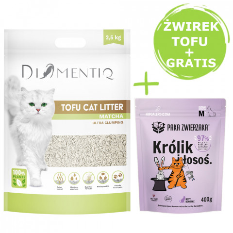 DIAMENTIQ Tofu Matcha Ultra clumping – Katzenstreu 2,5 kg + Paka Zwierzaka Kaninchen & Lachs – Trockenfutter 400 g GRATIS. - Fotogalerie 1