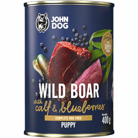 JOHN DOG Berry Line Puppy Wild boar with calf and blueberries - Nassfutter für Hunde - 400g - Fotogalerie 1