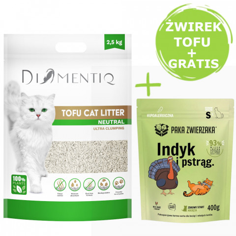 DIAMENTIQ Tofu Neutral Ultra clumping – Katzenstreu 2,5 kg + Paka Zwierzaka Pute & Forelle – Trockenfutter für Kätzchen 400 g GRATIS. - Fotogalerie 1