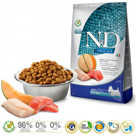 FARMINA N&D Ocean Dog Salmon, Cod, Cantaloupe, Melon Adult Mini - Trockenfutter für Hunde - 2.5 kg - Fotogalerie 2