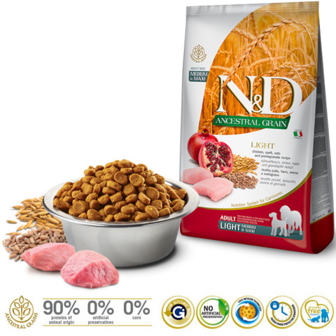 FARMINA N&D ANCESTRAL GRAIN DOG LIGHT - CHICKEN. SPELT.OATS AND POMEGRANATE ADULT MEDIUM & MAXI 12kg - Fotogalerie 2