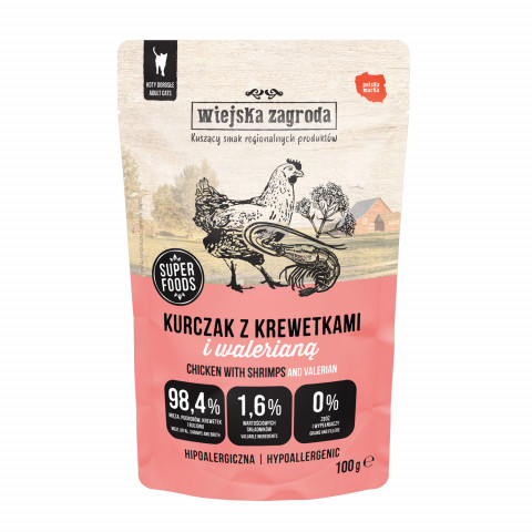 WIEJSKA ZAGRODA Huhn mit Garnelen und Baldrian – Nassfutter für Katzen – 24x100g - Fotogalerie 3
