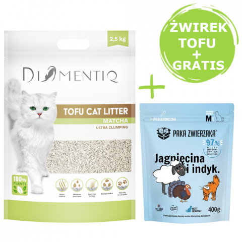 DIAMENTIQ Tofu Matcha Ultra clumping – Katzenstreu 2,5 kg + Paka Zwierzaka Lamm & Pute – Trockenfutter 400 g GRATIS. - Fotogalerie 1