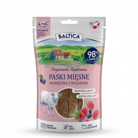 BALTICA Przysmaki Regionów Mono Fleischstreifen Lamm mit Himbeeren – Leckerli für Hunde – 90 g - Fotogalerie 1
