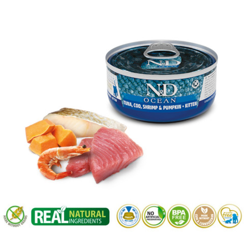 FARMINA N&D Ocean Kitten Thunfisch, Kabeljau, Garnelen & Kürbis – Nassfutter für Kätzchen – 70g - Fotogalerie 2