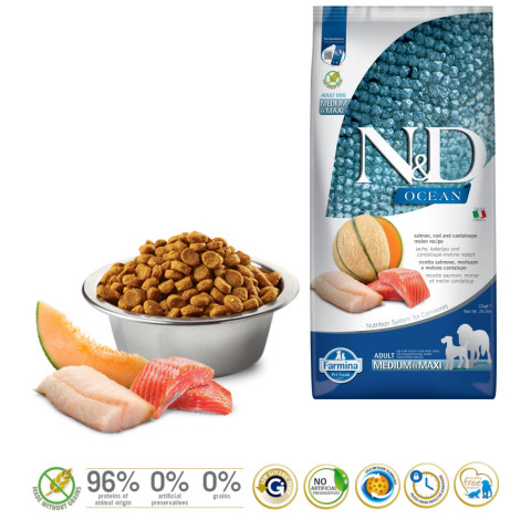 FARMINA N&D Ocean Dog Salmon, Cod, Cantaloupe, Melon Adult Medium&Maxi - Trockenfutter für Hunde - 12 kg - Fotogalerie 2