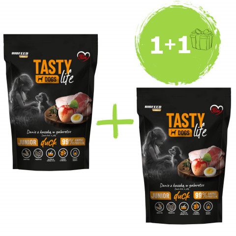 BIOFEED Tasty Dogs Life Junior Ente - Nassfutter für Hunde - 2×150g - 1+1 GRATIS! - Fotogalerie 1