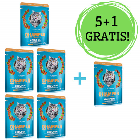 CHAMPER mit Kabeljau und Basilikum – Nassfutter für Katzen – 5x85g + 1 Beutel GRATIS! - Fotogalerie 1