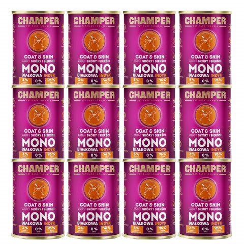 CHAMPER Coat & Skin Monoprotein Pute – Nassfutter für Hunde – 12×400 g - Fotogalerie 1
