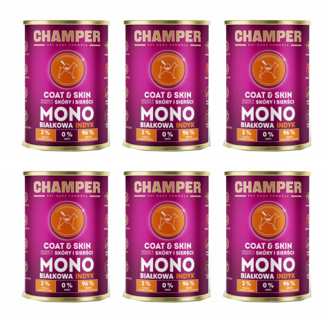 CHAMPER Coat & Skin Monoprotein Pute – Nassfutter für Hunde – 6×400 g - Fotogalerie 1