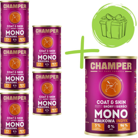 CHAMPER Coat & Skin Monoprotein Pute - Nassfutter für Hunde - 5x400g + 400g GRATIS - Fotogalerie 1