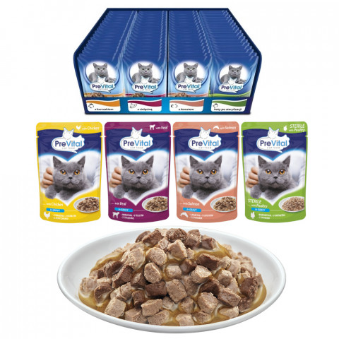 PREVITAL Katzenfutter Mix 4 Geschmacksrichtungen Huhn, Kalb, Lachs, Geflügel – Nassfutter für Katzen – 96 x 100 g - Fotogalerie 1