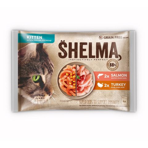 SHELMA Kitten with salmon and turkey in sauce - nassfutter für Katzen - 4x85g - Fotogalerie 1