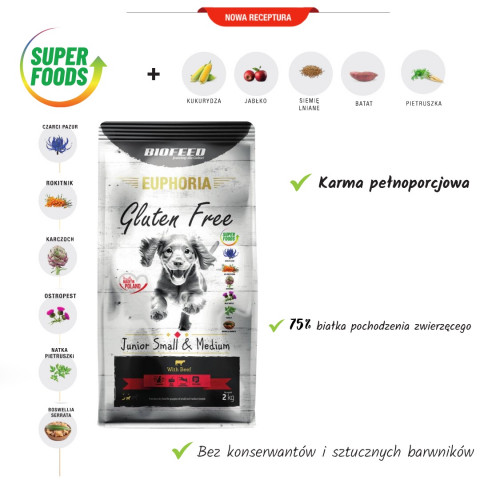 BIOFEED Euphoria Gluten Free Junior small & medium Beef - trockenfutter für Hunde - 12kg - Fotogalerie 5