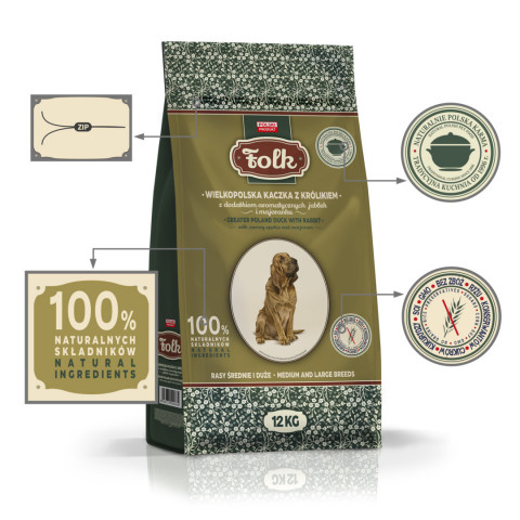 FOLK Medium and large breeds Traditional Greater Poland duck with rabbit, apples and marjoram - trockenfutter für Hunde - 12kg - Fotogalerie 4