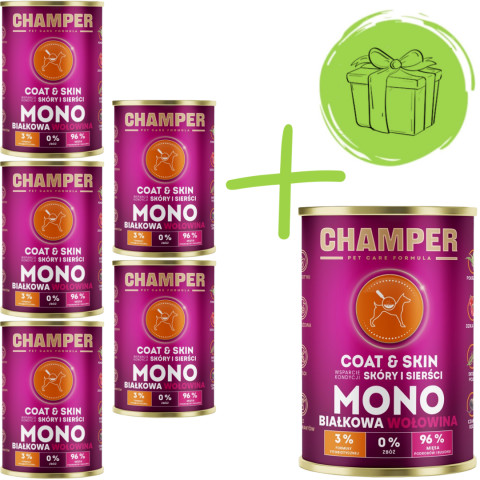 CHAMPER Coat & Skin Monoprotein Rind - Nassfutter für Hunde - 5x400g + 400g GRATIS - Fotogalerie 1